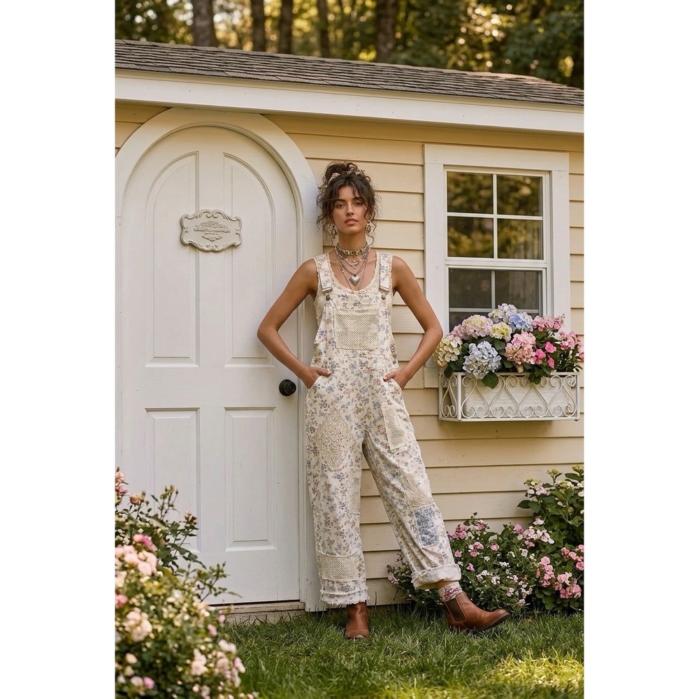 POL 'Onalee 2' Floral Crochet Patch Mesh Overlay Wide Leg Overalls Large Cream